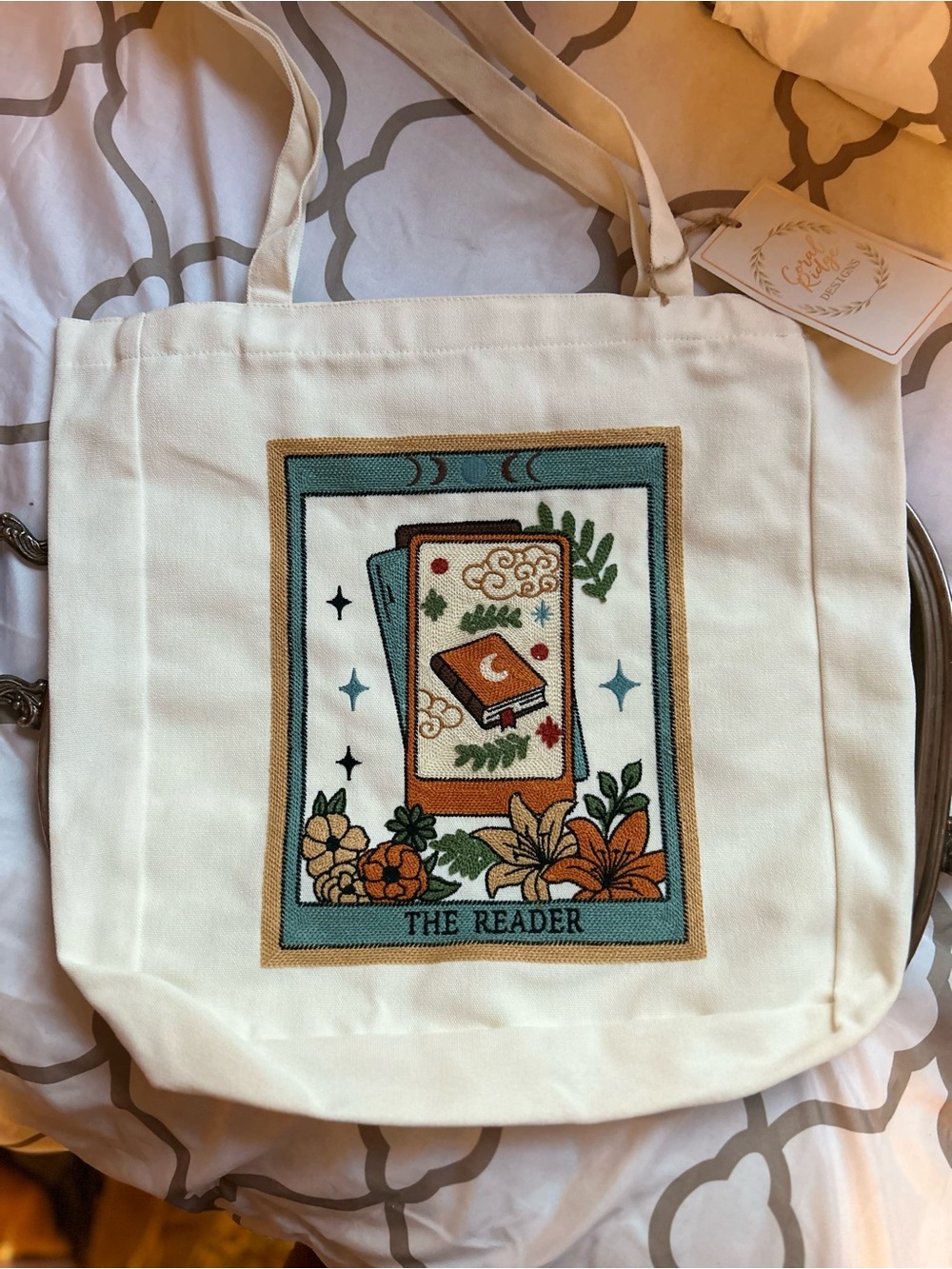Stunning artisan embroidered tarot, inspired canvas tote